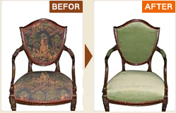 安楽椅子：柄つき布地から、柄無し布地へ張替え