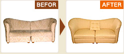 家庭用ソファー：白柄布地から、明るい模様柄地に張替え