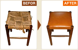 業務用カウンター椅子：縄張り座面を、合皮ビニールでウレタン加工